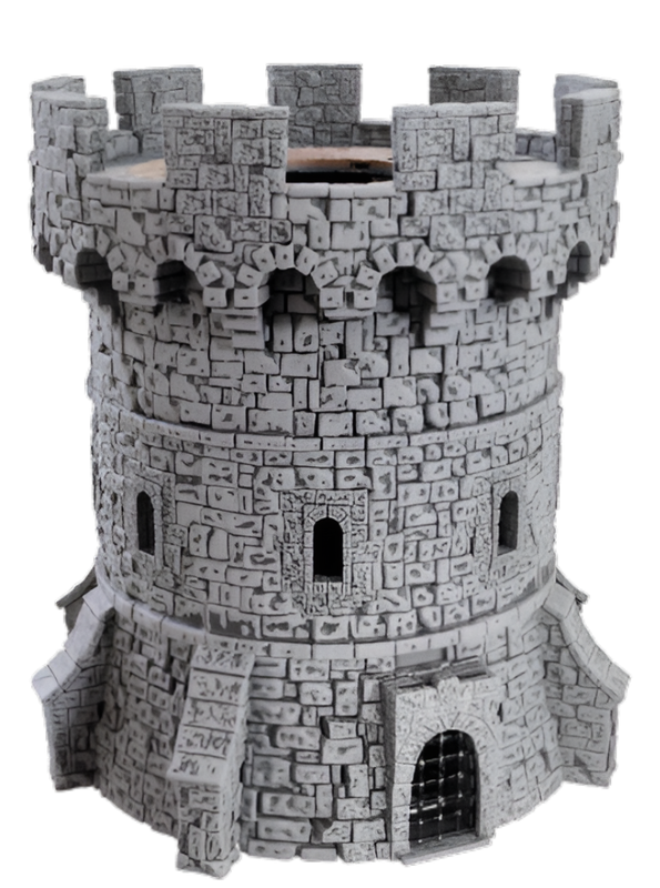 A detailed grey stone tower model with battlements, arched windows, and a dark, gated entrance