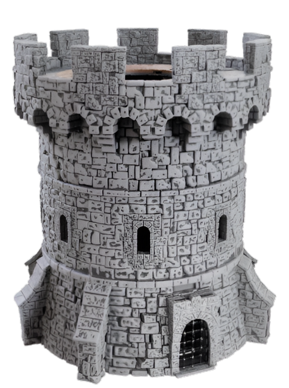 A detailed grey stone tower model with battlements, arched windows, and a dark, gated entrance