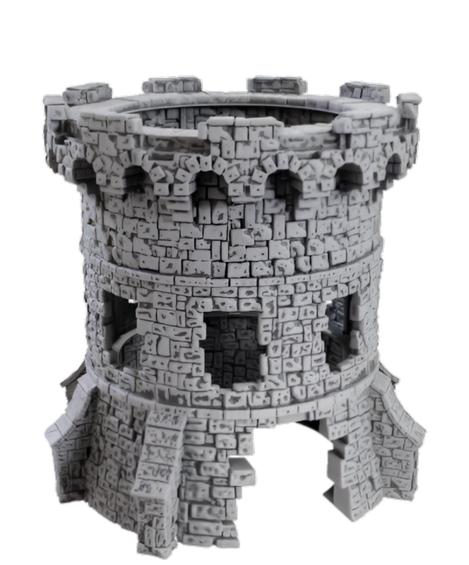 A Grey stone model of a medieval tower with battlements, arched doorways, and rough stone texture