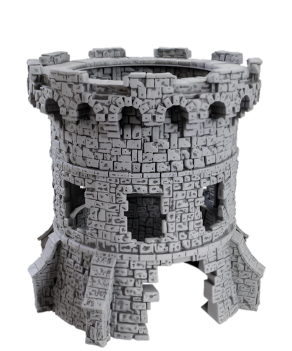 A Grey stone model of a medieval tower with battlements, arched doorways, and rough stone texture