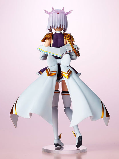 Gridman Universe Akane Shinjo articulated plastic model with white and purple dress gold epaulets and sash viewed from the back