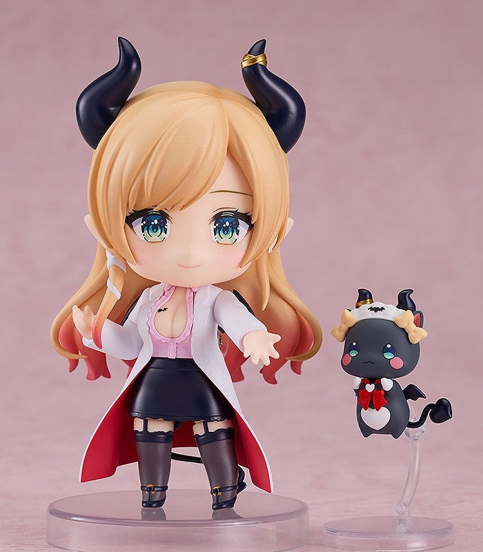 Anime-style figure with blonde hair black horns white lab coat and black skirt