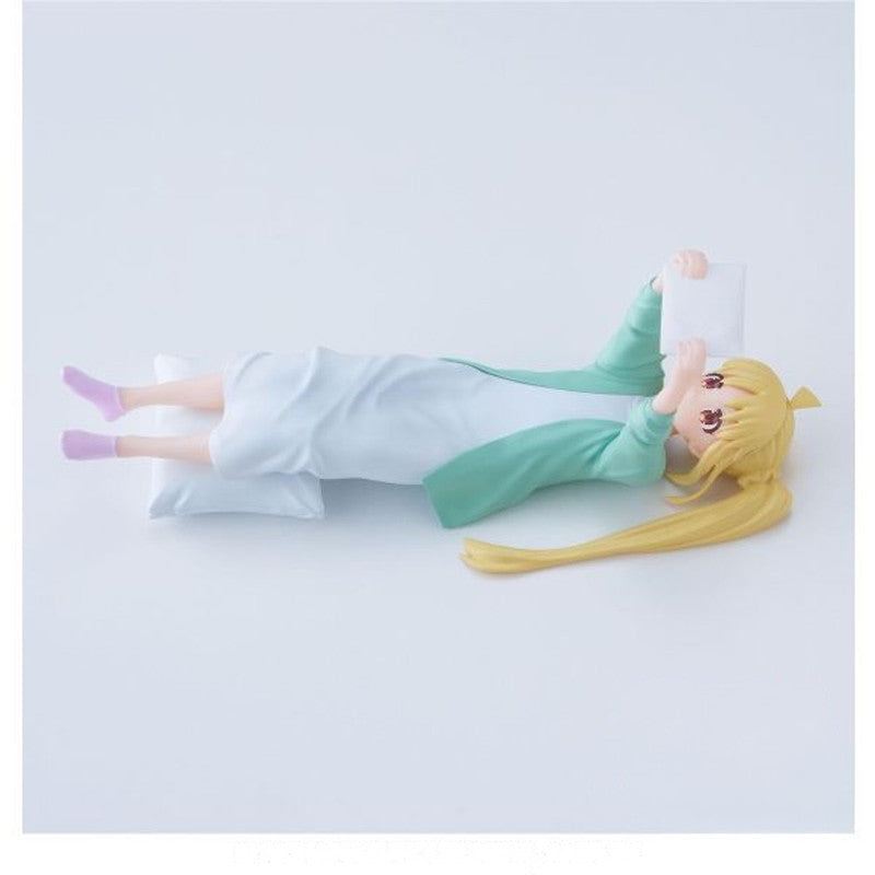 Anime PM Perching Nijika Ijichi figure in white dress lying down with a pillow holding a white paper up