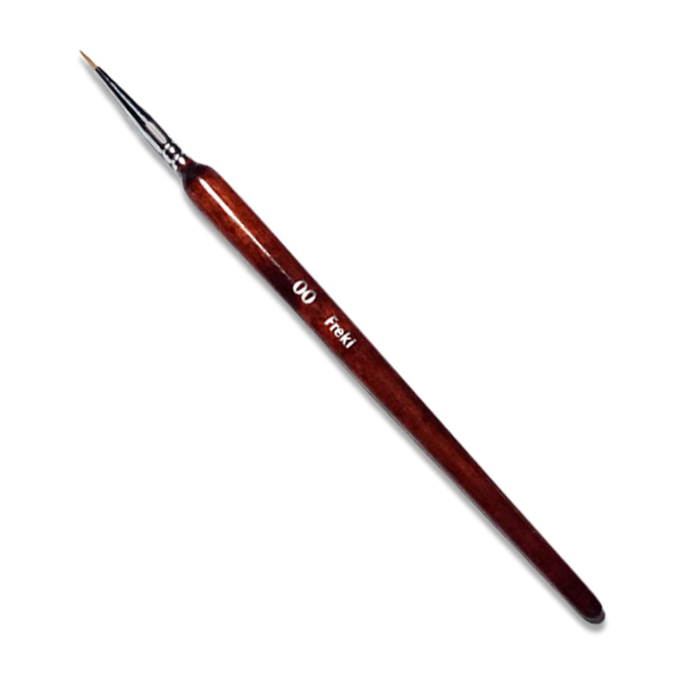 A dark brown wooden art brush with a silver ferrule, size 00 Freki, and an extremely fine, pointed tip