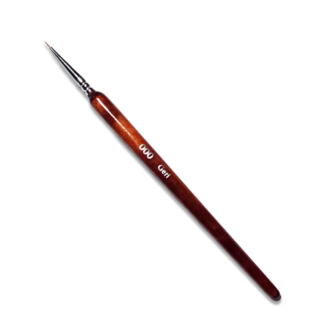A very fine '000 Geri' detail paint brush with a dark wooden handle and silver ferrule, angled on white