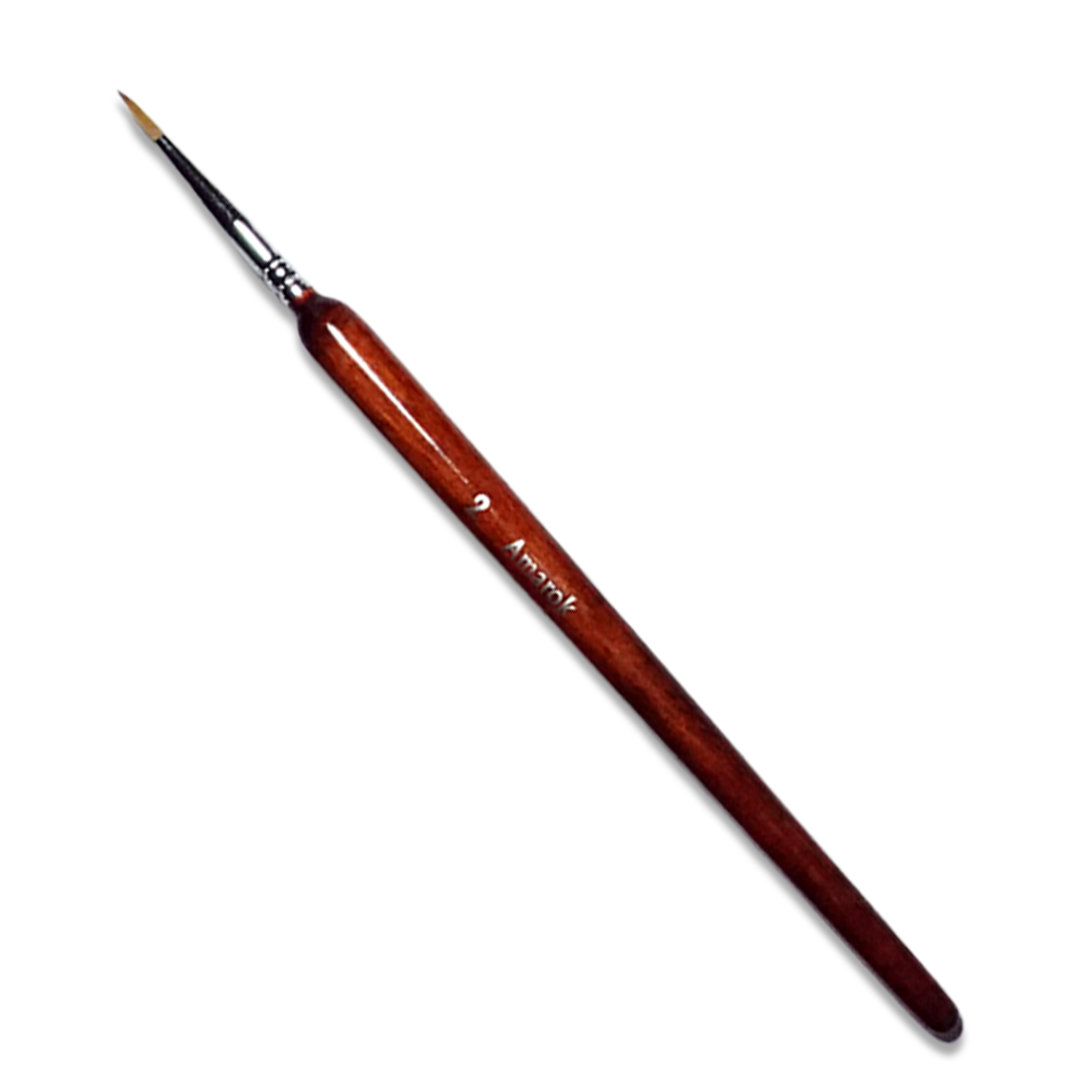 A size 2 Amarak fine detail artist's brush with a dark wooden handle and silver ferrule