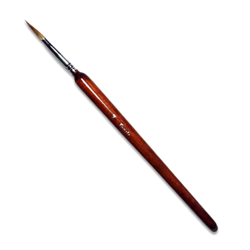 Chronicle Cards Single Wolf Bristle Brush : A fine-tipped artist's paintbrush with a glossy brown handle, silver ferrule, and marked '7 Fonale'
