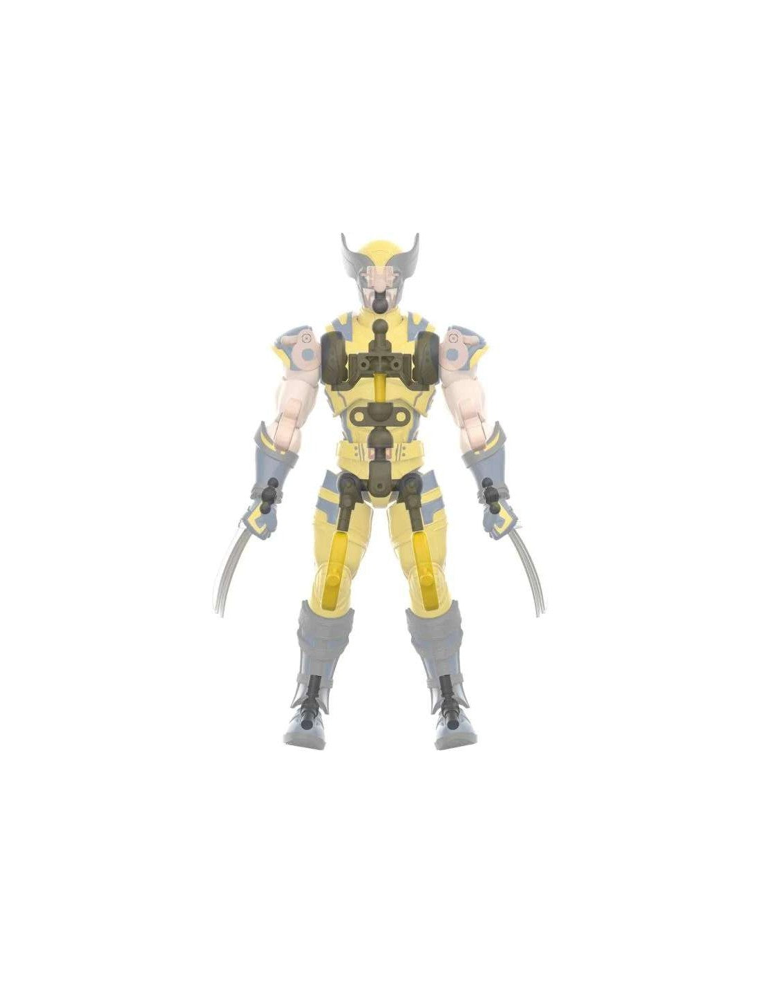 Yellow and blue Wolverine action figure standing with claws extended. Internal joints are visible