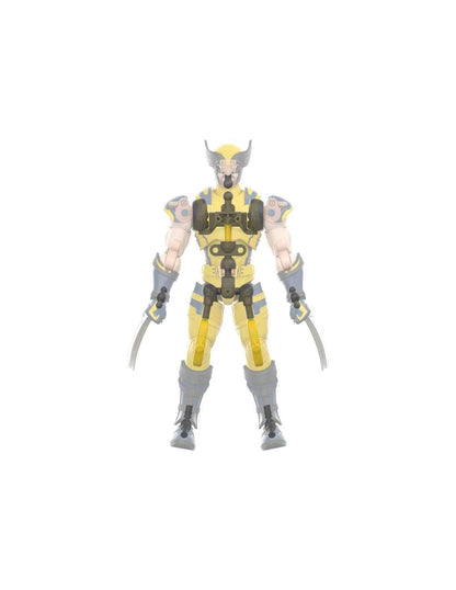 Yellow and blue Wolverine action figure standing with claws extended. Internal joints are visible