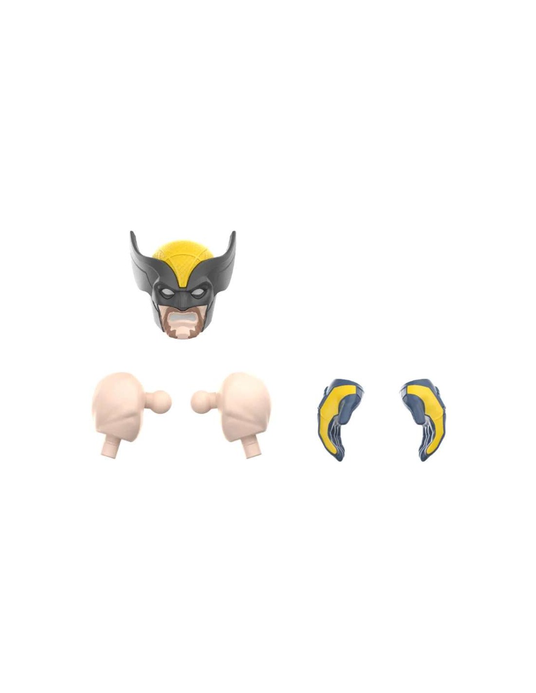 Wolverine action figure accessories: masked head, interchangeable fists, and removable yellow/gray claws