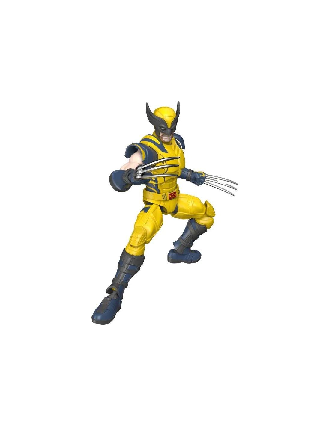 Wolverine action figure (yellow/blue suit) in a fighting stance with extended claws