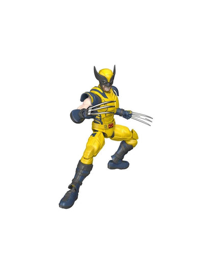 Wolverine action figure (yellow/blue suit) in a fighting stance with extended claws