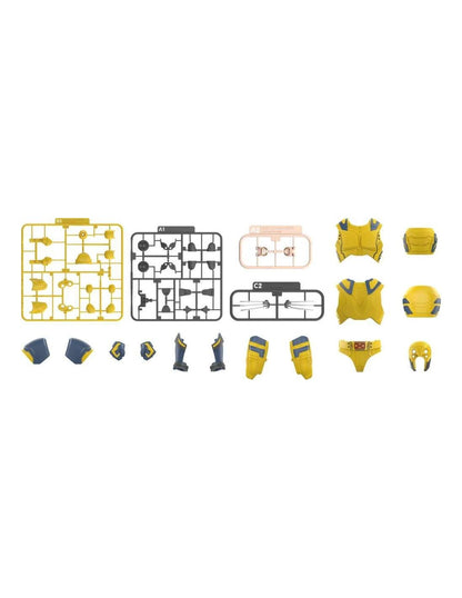 Disassembled plastic model kit parts, including yellow armor pieces and runners, laid out on white