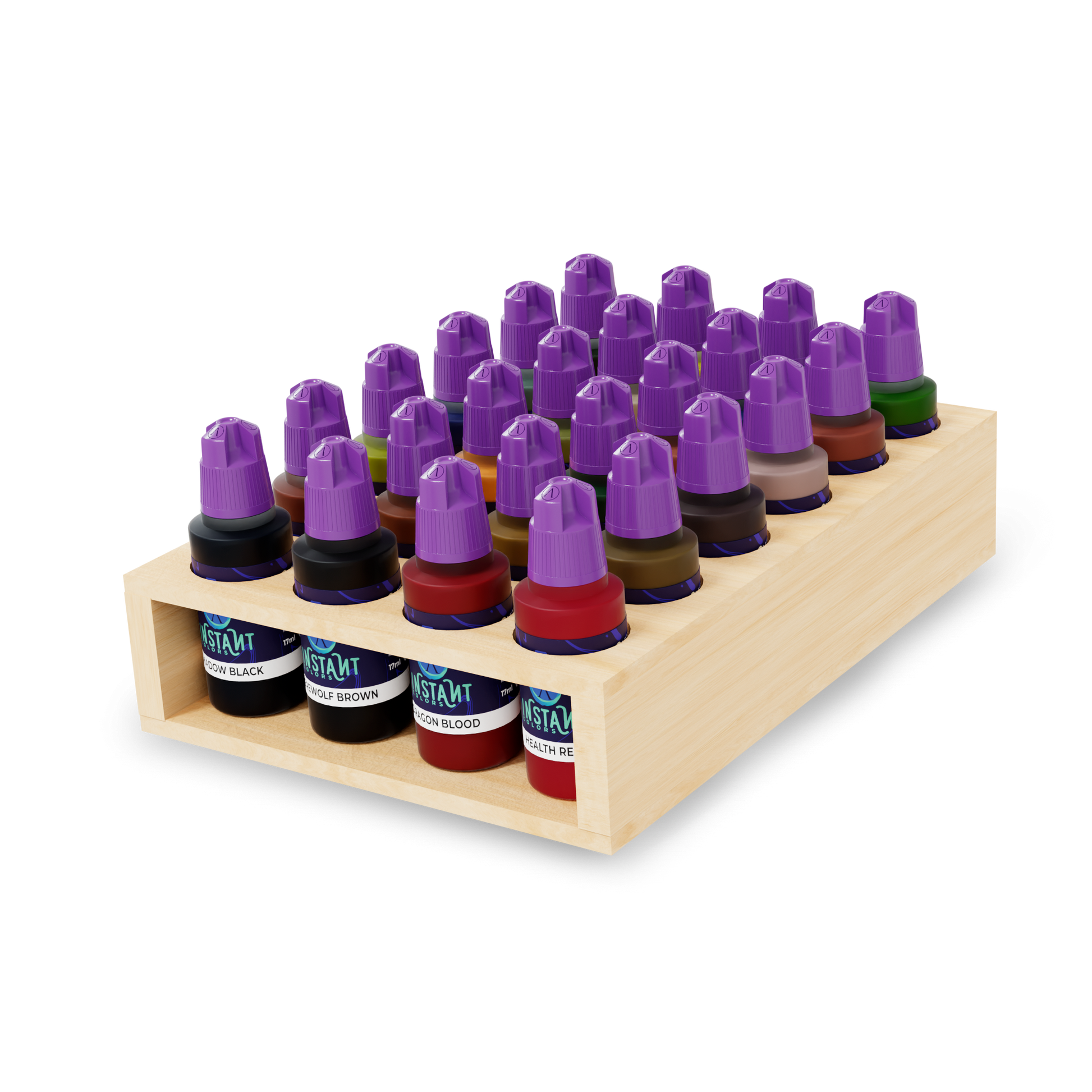 Twenty-four 'Instant Colors' miniature paint bottles with purple caps are displayed on a wooden rack, including Shadow Black and Dragon Blood.