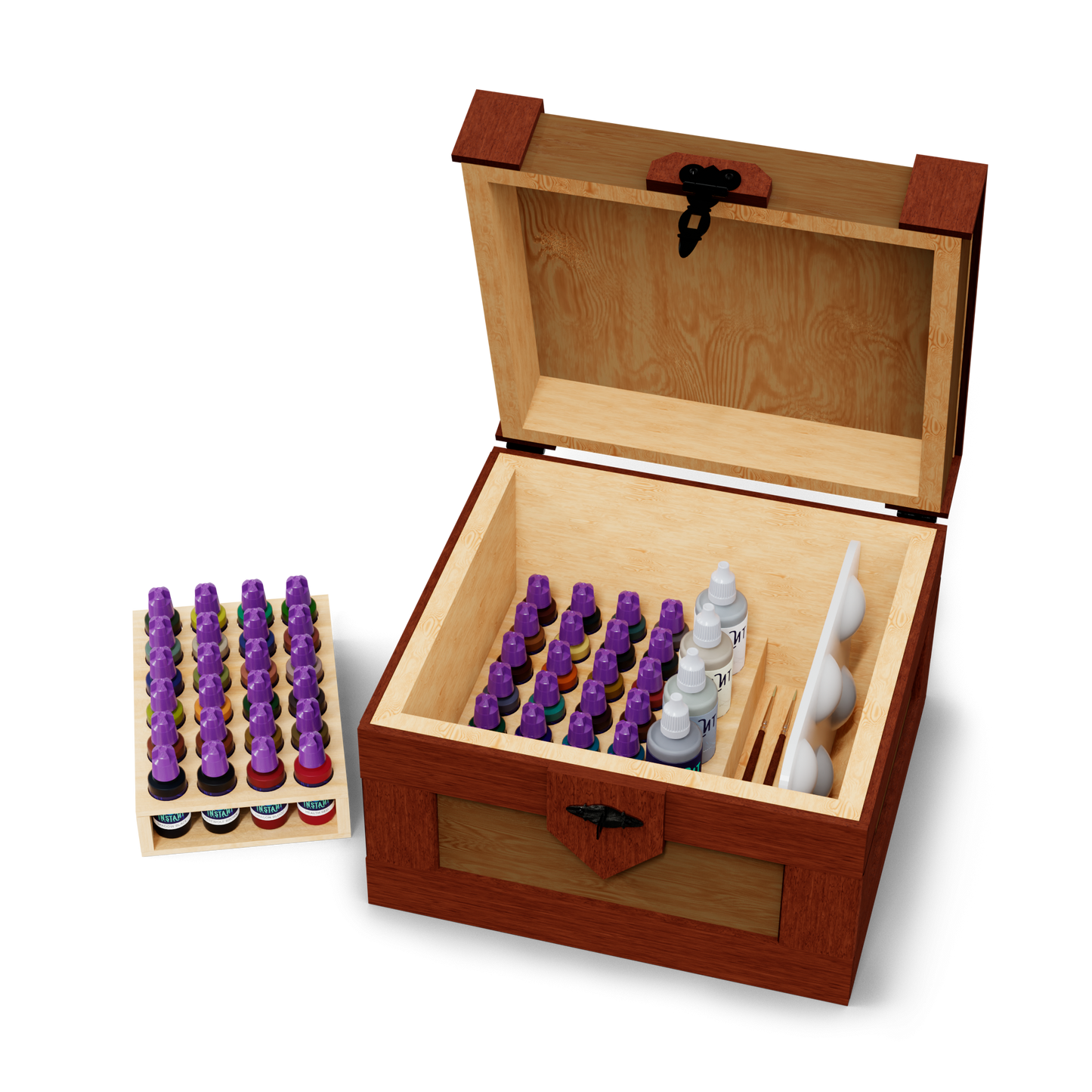 An open wooden chest holds purple-capped ink bottles, brushes, and a palette, with more ink bottles on a nearby rack.