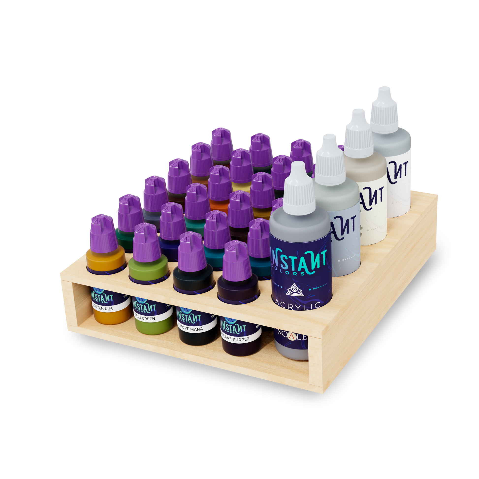 Assorted Instant Colors acrylic paint bottles with purple and white caps, neatly organized on a tiered wooden stand.