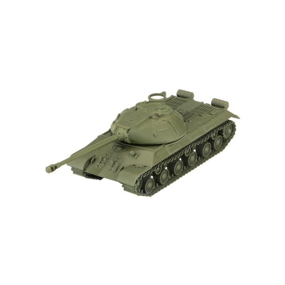 Olive green model tank with long barrel and tracks, on white background