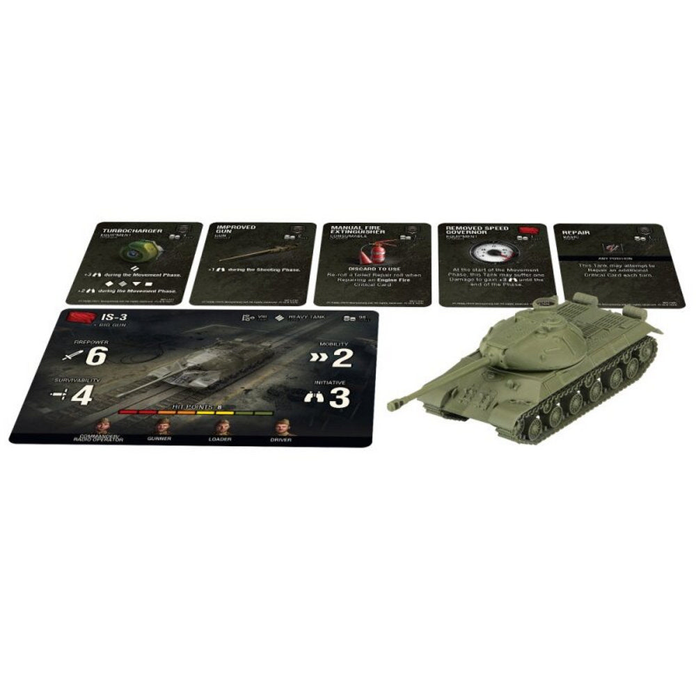 A green IS-3 tank miniature with its unit card and several upgrade cards for a tabletop wargame