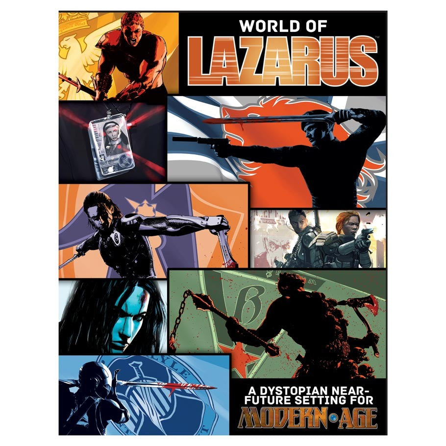Montage cover for 'World of Lazarus', Features diverse armed characters with swords and guns in intense combat, set in a grim near-future dystopia