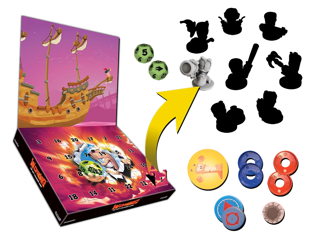 Tabletop game components: Watership board, dice, circular tokens, and a miniature cannon figure