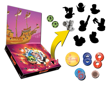 Tabletop game components: Watership board, dice, circular tokens, and a miniature cannon figure