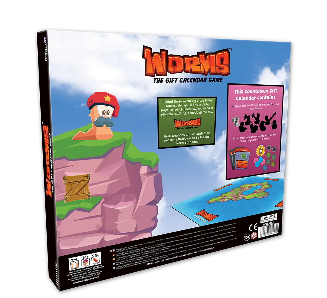 Back cover of the Worms Gift Calendar board game box featuring a cartoon worm character on a rocky cliff