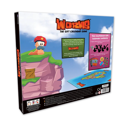 Back cover of the Worms Gift Calendar board game box featuring a cartoon worm character on a rocky cliff