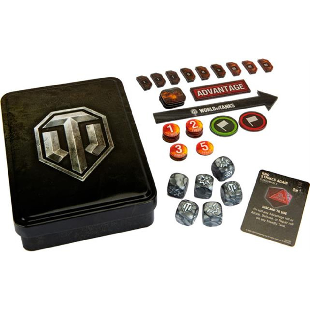 World of Tanks board game set: a black logo tin, marbled dice, various tokens, and an 'RNG Strikes Again' card displayed.