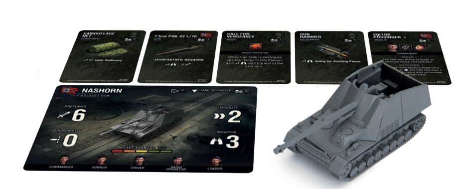 A grey plastic Nashorn tank destroyer model shown with its corresponding large game card and five smaller upgrade cards.