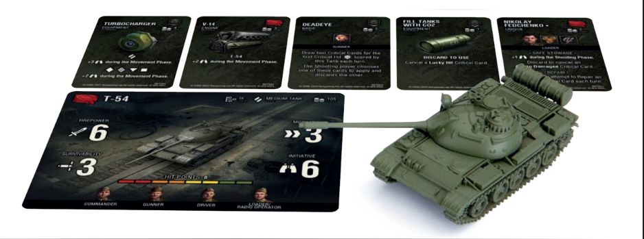 An olive green T-54 tank miniature displayed next to a large stats card and five smaller upgrade cards from a tabletop game.