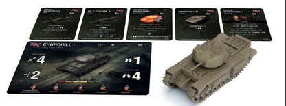Beige Churchill I tank miniature, a large game card with stats, and smaller upgrade cards.
