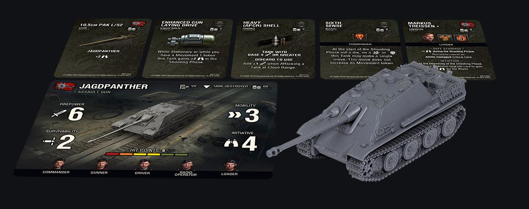 A grey Jagdpanther tank miniature, flanked by its detailed stat card and various upgrade cards on a dark surface.