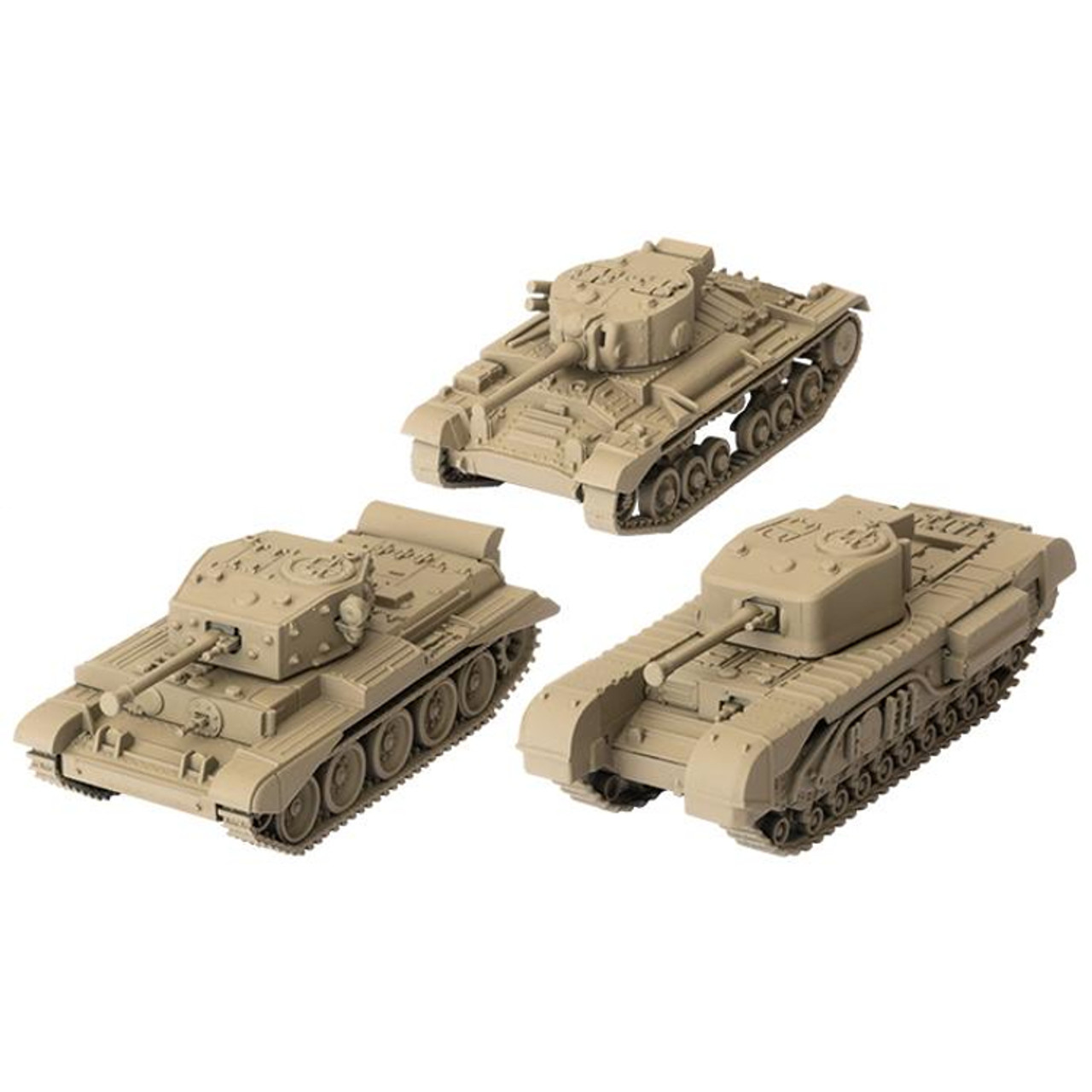 Three unpainted tan models of a Valentine, Cromwell, and Churchill tank.