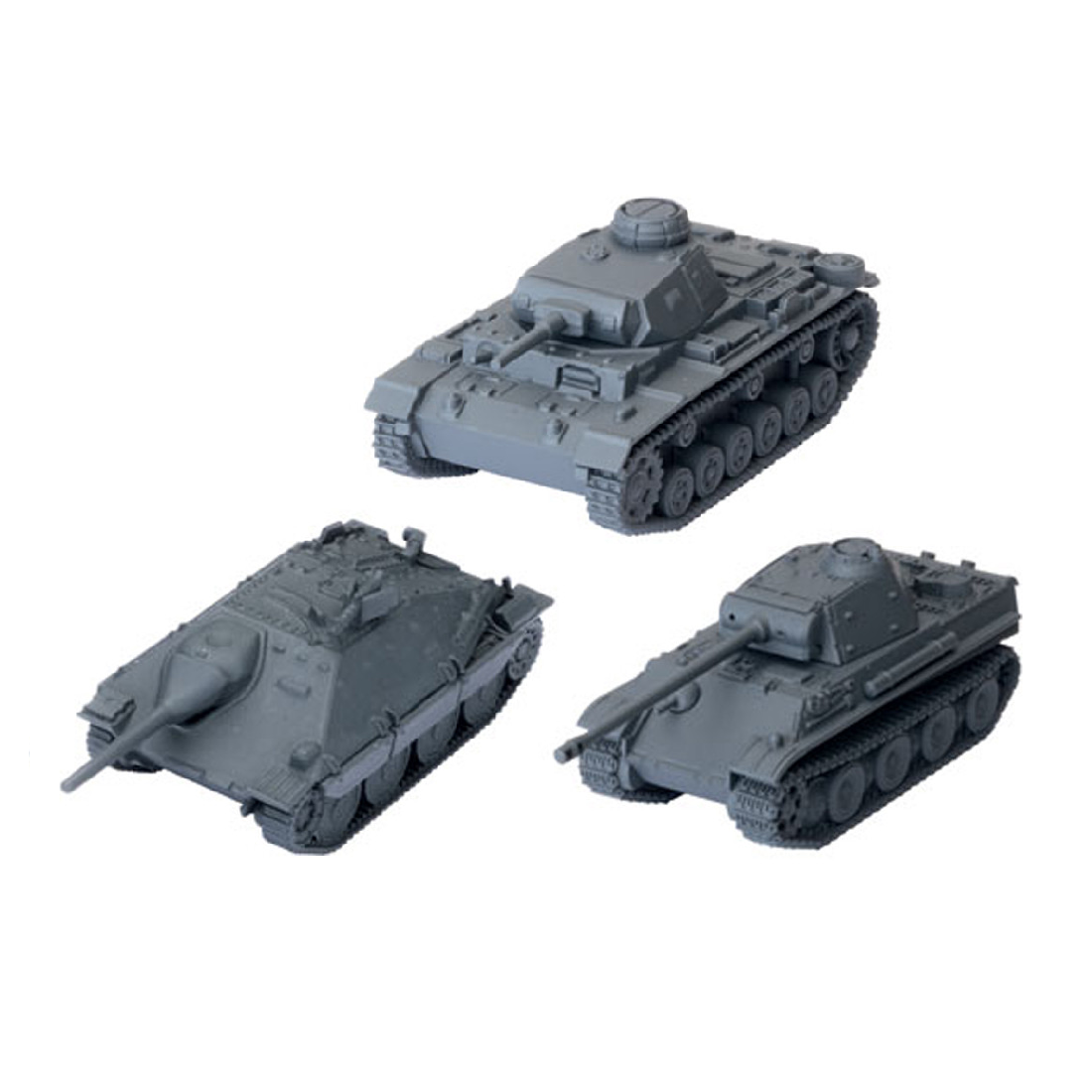 Three unpainted grey miniature WWII tanks, arranged on a white background.