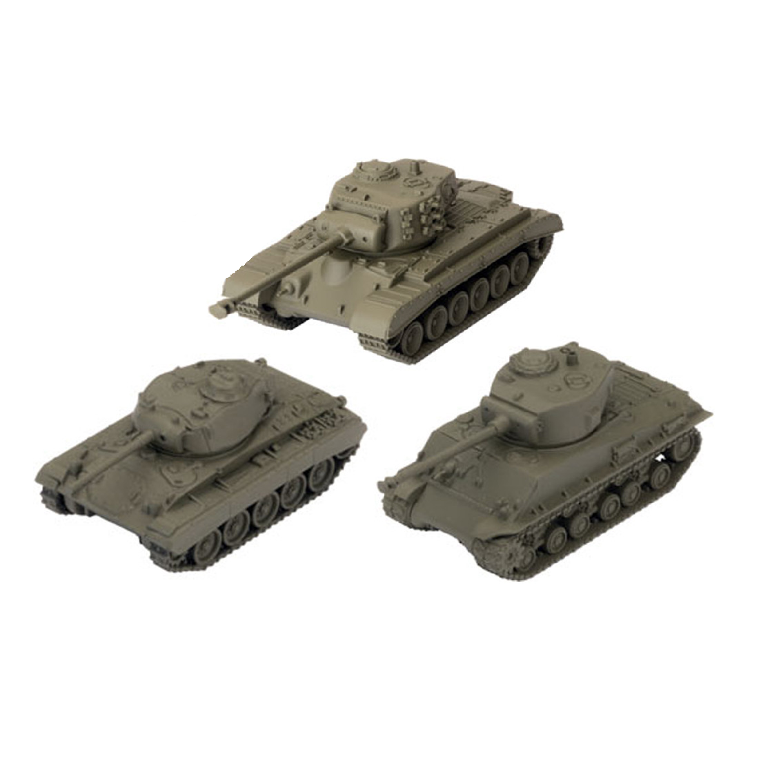 Three unpainted green-grey scale models of military tanks, grouped on a white background.