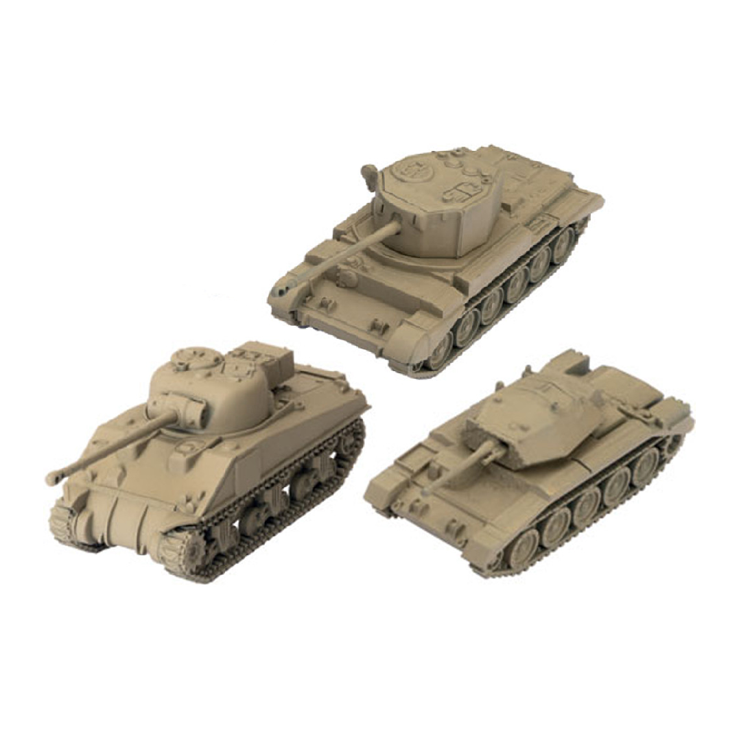 Three tan miniature model tanks, including a Sherman, on a white background.