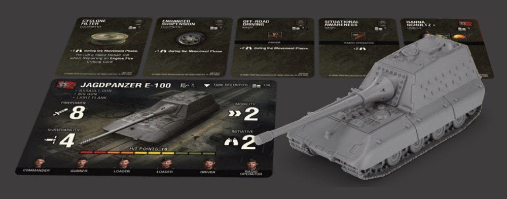 A grey miniature Jagdpanzer E-100 tank destroyer and its fanned-out game cards on a dark background.