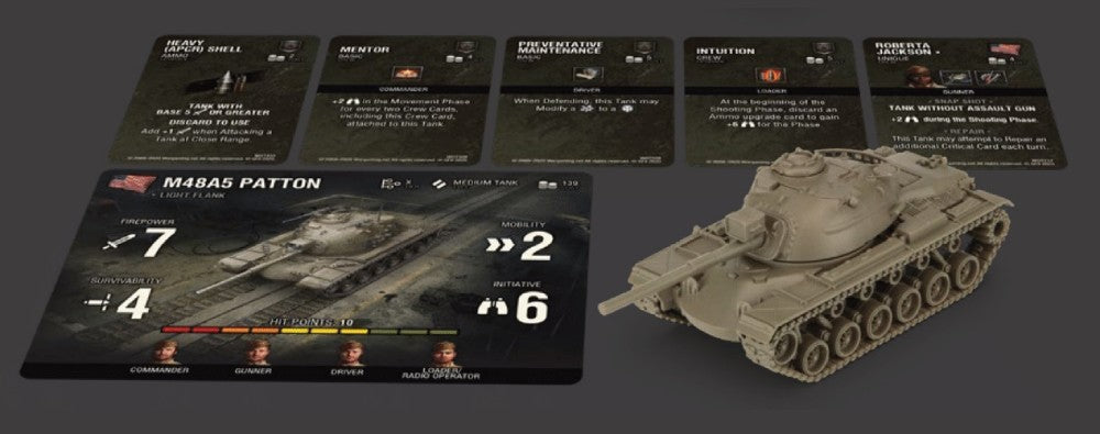 A tan M48A5 Patton tank miniature displayed next to its game cards, showing stats and crew upgrades, on a dark background.