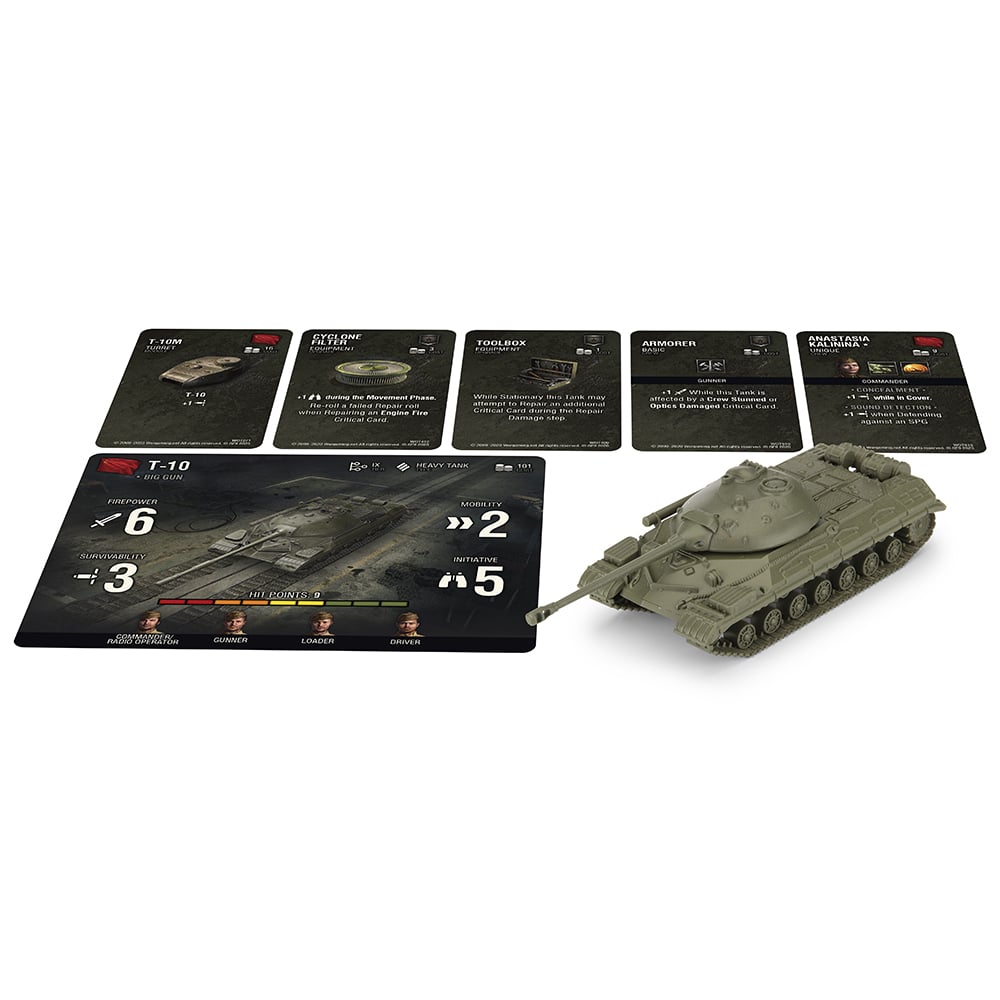 A green T-10 heavy tank miniature sits beside its "T-10 Heavy Tank" stat card and other game cards