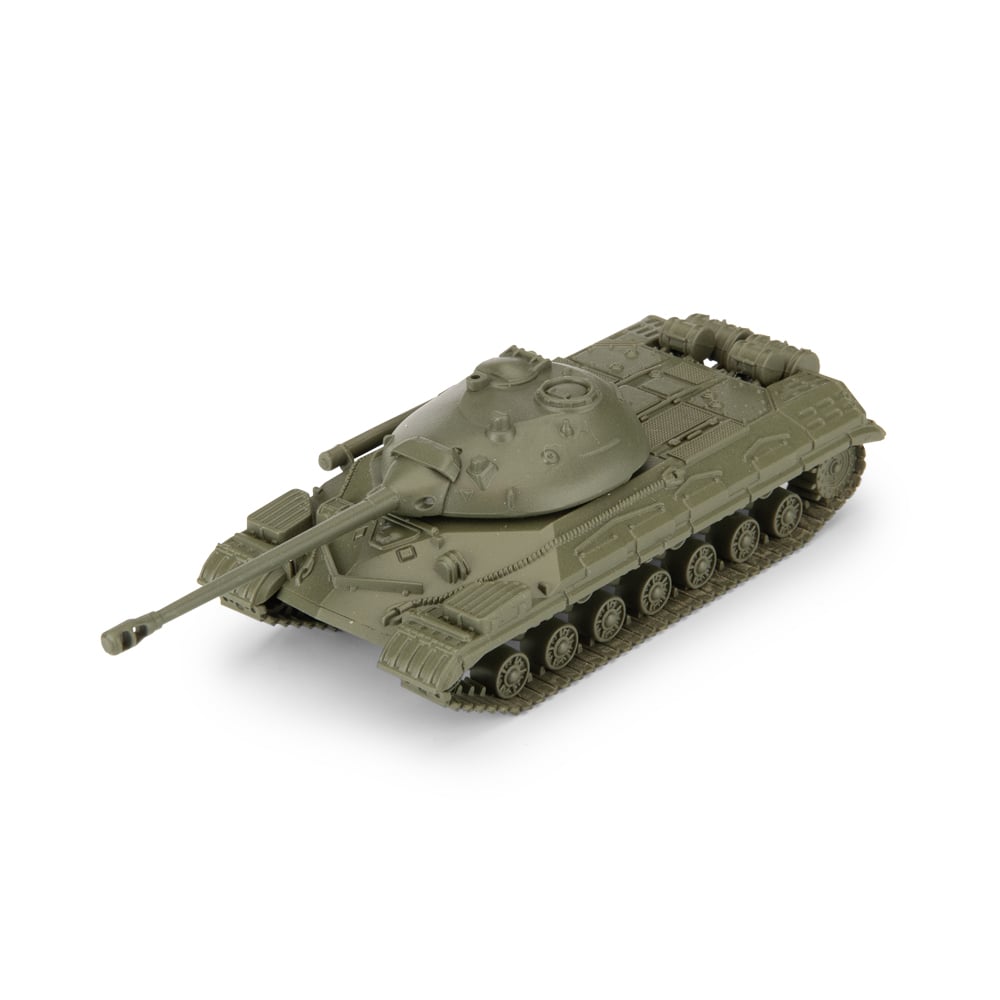Olive green model tank with a long main gun and detailed tracks, angled slightly right