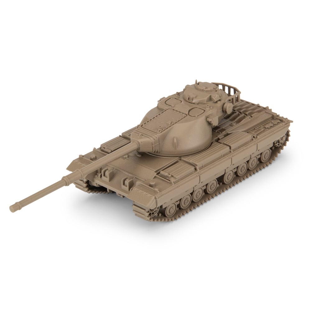 Tan model tank on a white background, with its long main gun pointed forward-left