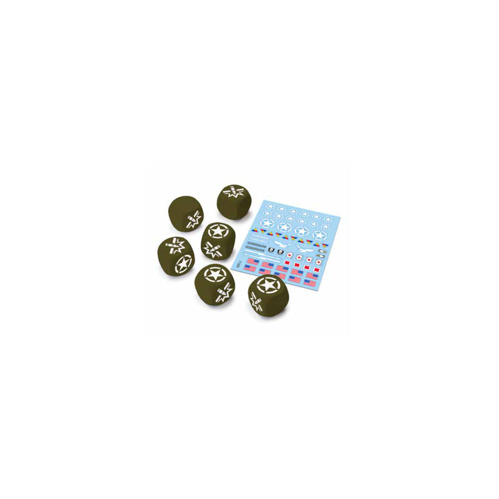 Six olive wargame dice with white stars and a sheet of military flags, stars, and plane decals.