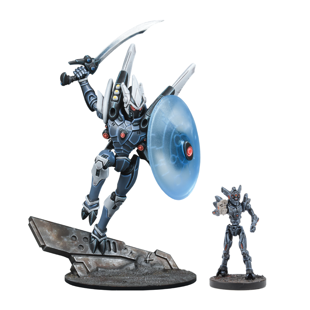 Two sci-fi miniatures: A large, grey mecha with a sword and glowing blue shield in a leaping pose, A smaller robot holds a skull