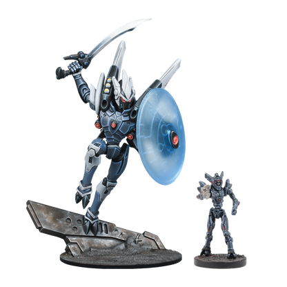 Two sci-fi miniatures: A large, grey mecha with a sword and glowing blue shield in a leaping pose, A smaller robot holds a skull