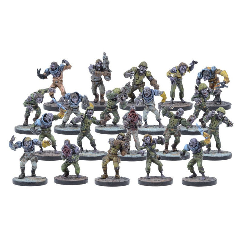 A collection of detailed miniature zombie gaming figures in various poses and attire