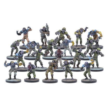 A collection of detailed miniature zombie gaming figures in various poses and attire