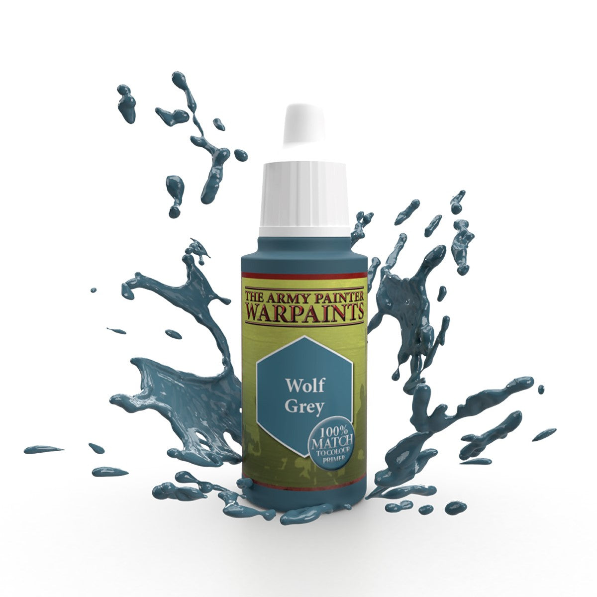 Dropper bottle of The Army Painter Wolf Grey paint with matching wolf-grey paint splashing dynamically