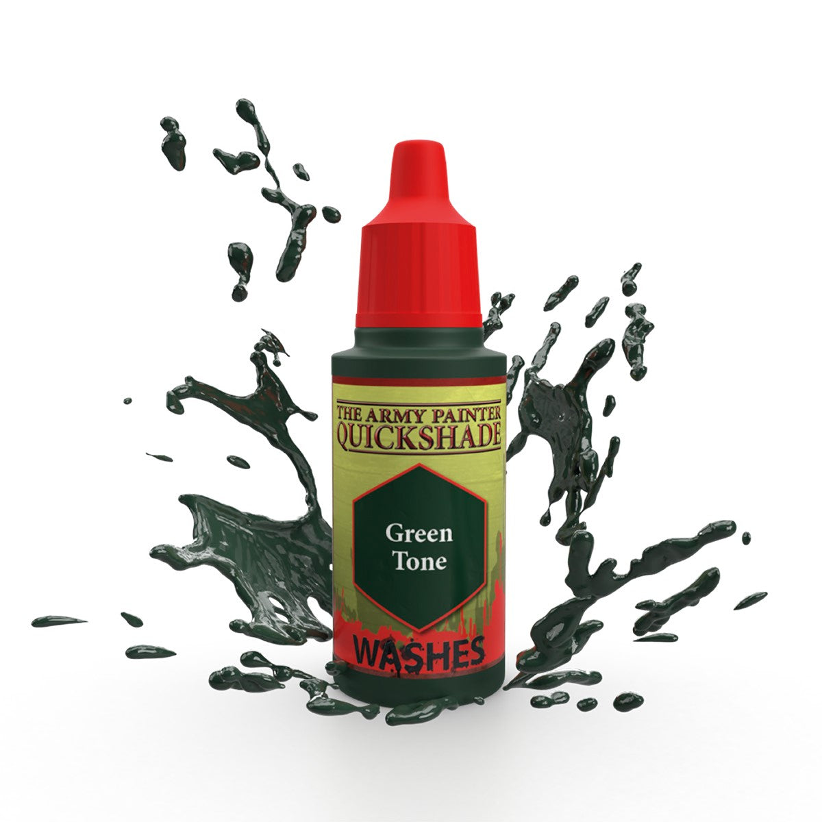 A bottle of The Army Painter Quickshade Green Tone Washes surrounded by dynamic dark green paint splashes.