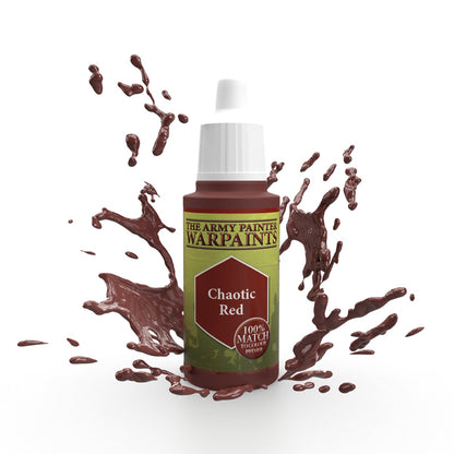A bottle of The Army Painter Warpaints 'Chaotic Red' with dark red paint splatters and white cap