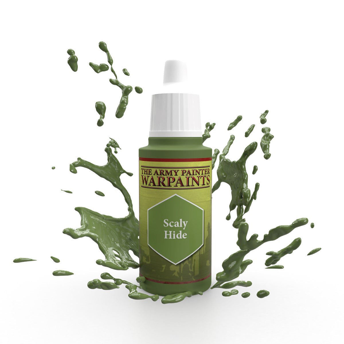 Green bottle of The Army Painter Warpaints &#39;Scaly Hide&#39; miniature paint with green paint splashes around it